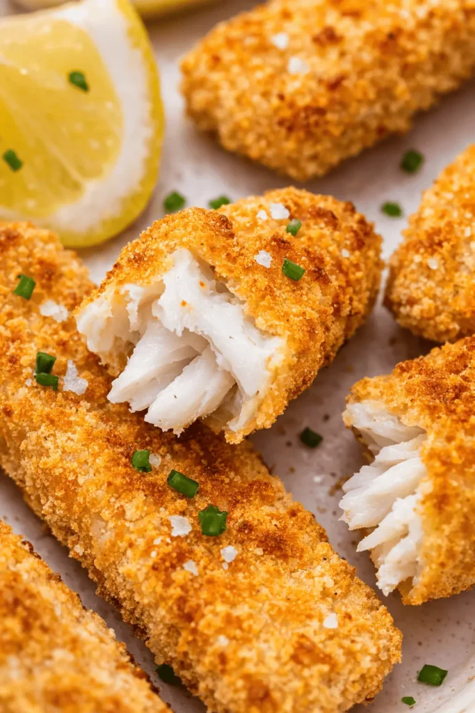 Nahaufnahme eines knusprigen Fischstäbchens im Airfryer mit aufgeschnittenem Inneren, garniert mit frischen Kräutern und Zitronenscheibe.