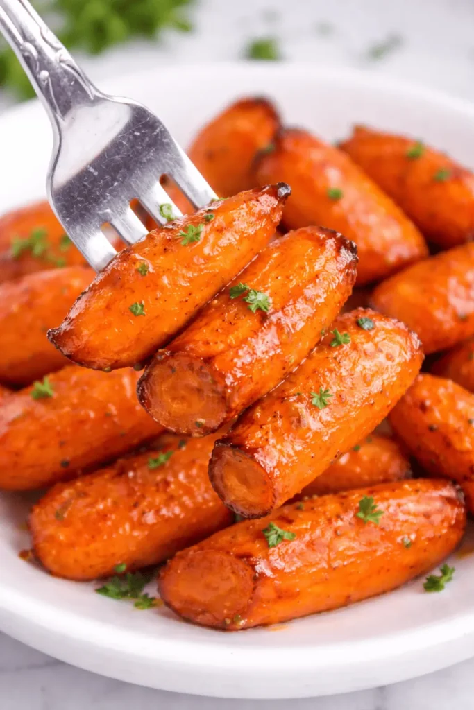 Nahaufnahme einer Gabel, die glänzende, geröstete Karotten mit karamellisierter Oberfläche und frischer Petersilie aufnimmt.