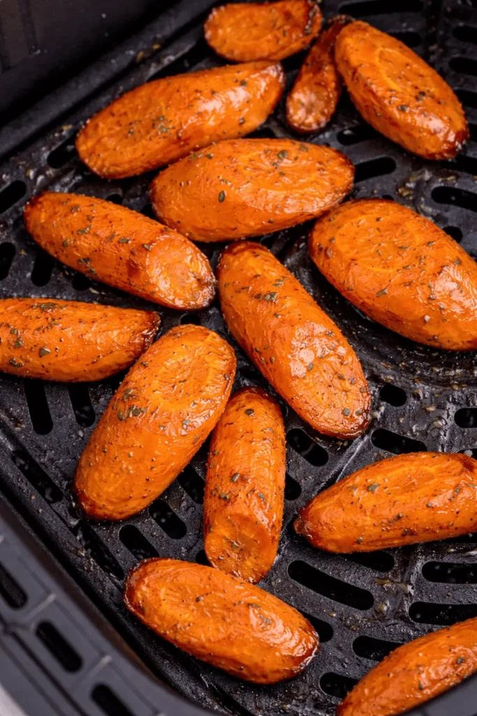 Nahaufnahme von glänzenden, gerösteten Karottenstücken im Airfryer-Korb, gewürzt mit Kräutern und Pfeffer.