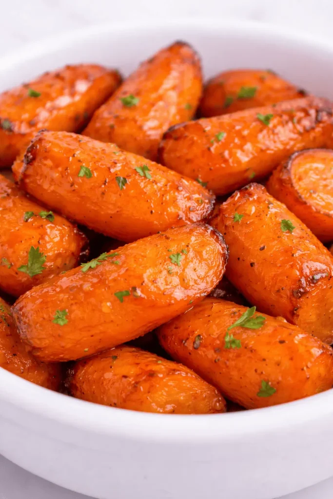 Nahaufnahme von glasierten, gerösteten Mini-Karotten in einer weißen Schüssel, garniert mit frischer Petersilie.