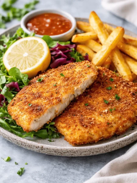 Knuspriges Putenschnitzel aus der Heißluftfritteuse auf einem Teller mit frischem Gemüse und Zitronenscheiben.