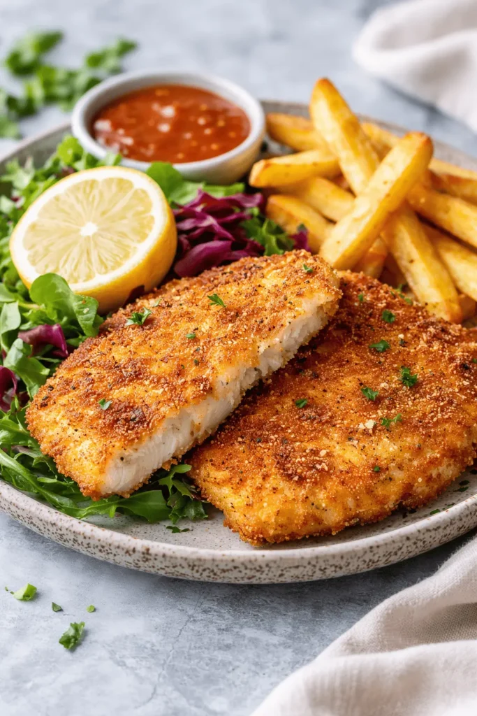 Knuspriges Putenschnitzel aus der Heißluftfritteuse auf einem Teller mit frischem Gemüse und Zitronenscheiben.