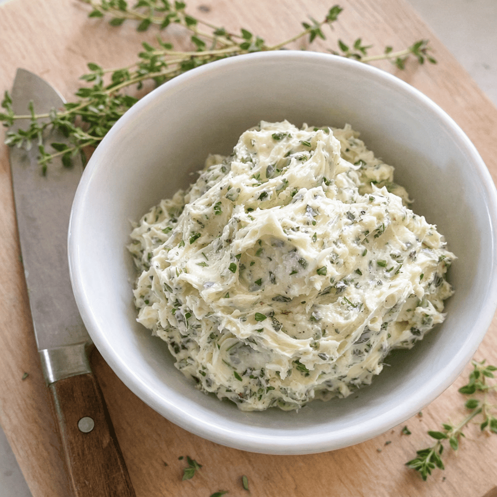 Schüssel mit hausgemachter Kräuterbutter für die Zubereitung von AirFryer Truthahn