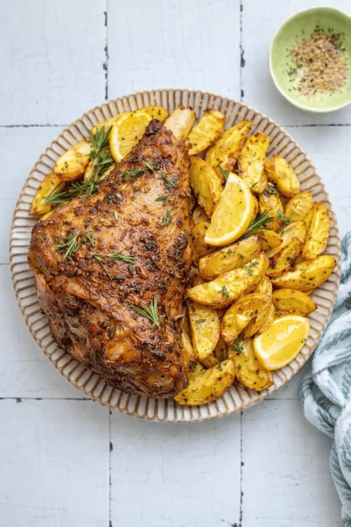 Saftiger Lammbraten aus dem Airfryer mit knusprigen Kartoffelspalten und Zitronenscheiben, oben fotografiert