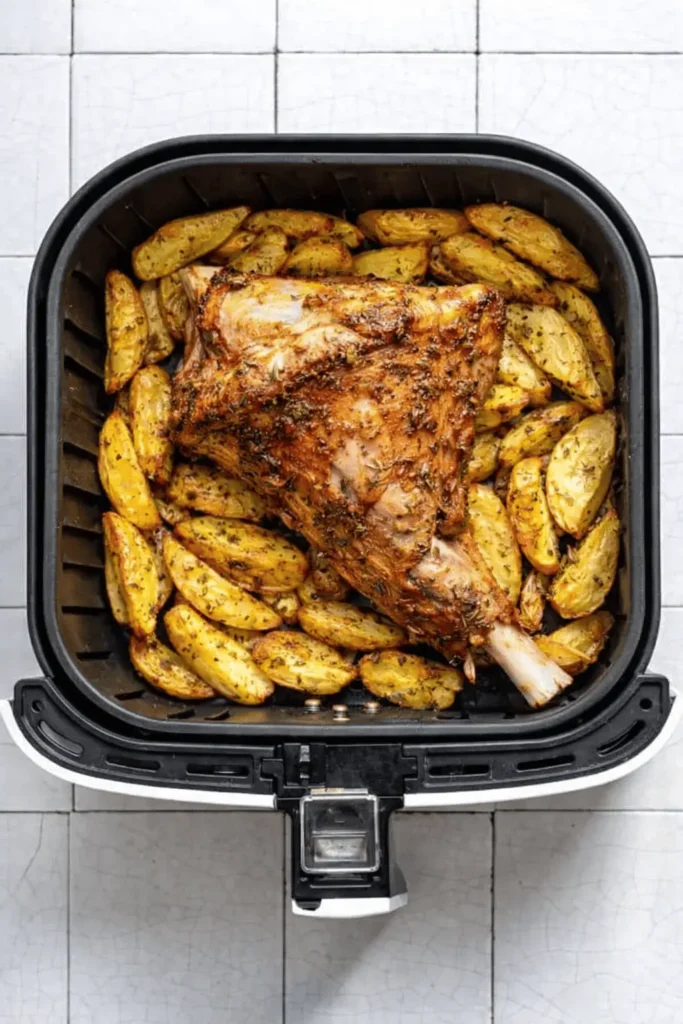 Lammbraten aus dem Airfryer mit knusprigen Kartoffelspalten, oben fotografiert