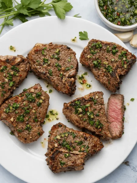 Fünf saftige Lammkoteletts aus der Heißluftfritteuse auf einem weißen Teller, garniert mit frischer Kräutersauce aus Petersilie und Knoblauch.