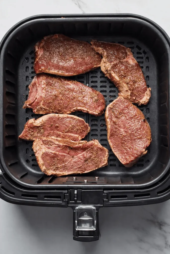 Fünf gewürzte Lammkoteletts liegen in einem schwarzen Korb einer Heißluftfritteuse, bereit zum Garen.