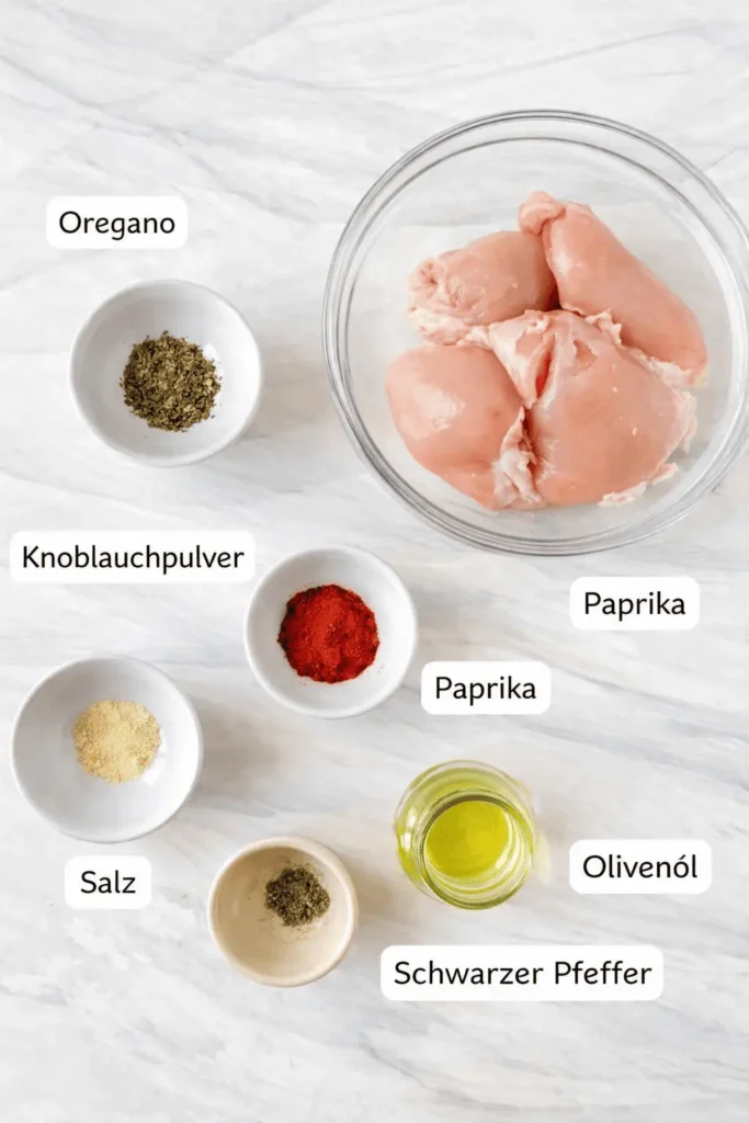 Zutaten für Paprika Hähnchen im Airfryer auf einem weißen Marmorhintergrund, einschließlich Hähnchenschenkel ohne Knochen und Haut, Paprika, Knoblauchpulver, Oregano, Salz, schwarzer Pfeffer und Olivenöl, beschriftet auf Deutsch.