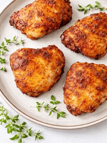 Knusprig gebratenes Paprika Hähnchen im Airfryer auf einem weißen Teller mit frischen Thymianzweigen.