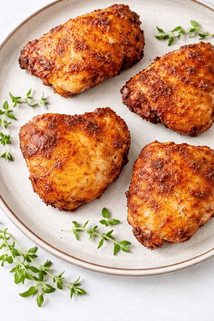 Knusprig gebratenes Paprika Hähnchen im Airfryer auf einem weißen Teller mit frischen Thymianzweigen.