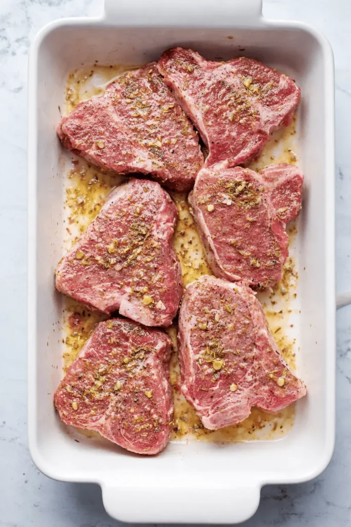 Rohes Lammkoteletts aus der Heißluftfritteuse in einer weißen Auflaufform, gewürzt mit Olivenöl, Rosmarin und Knoblauch.