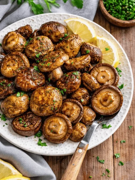 Knusprige Shiitake Pilze aus der Heißluftfritteuse mit Zitronenspalten und frischen Kräutern auf einem Teller