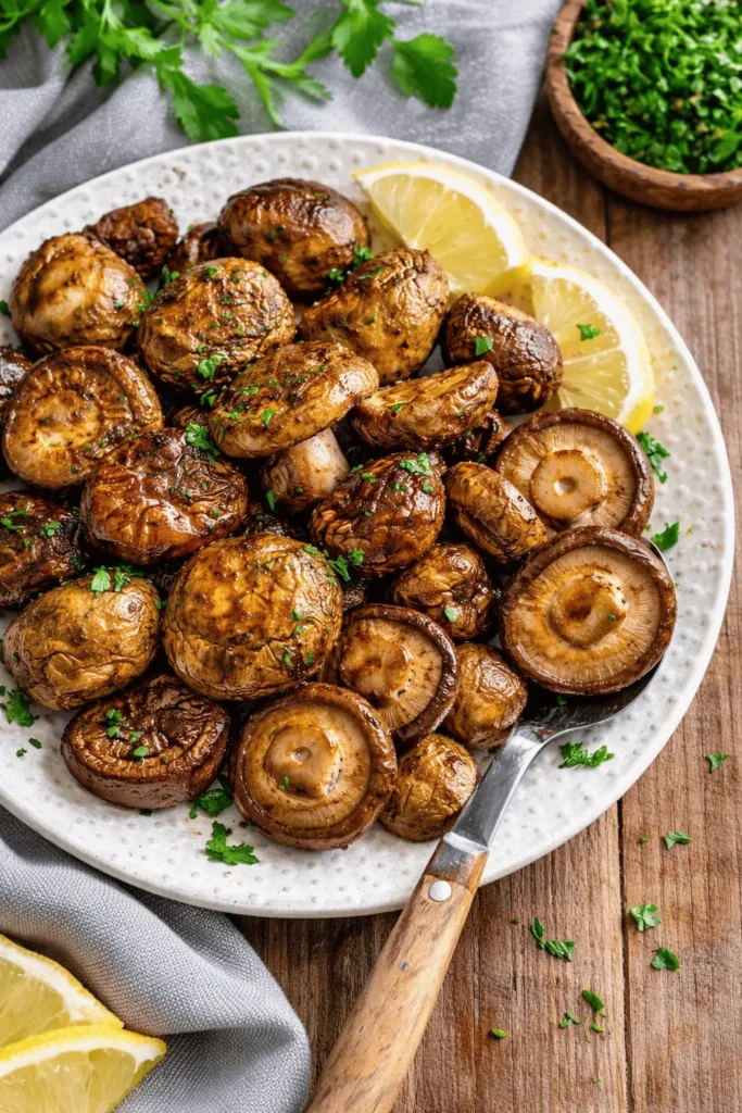 Knusprige Shiitake Pilze aus der Heißluftfritteuse mit Zitronenspalten und frischen Kräutern auf einem Teller