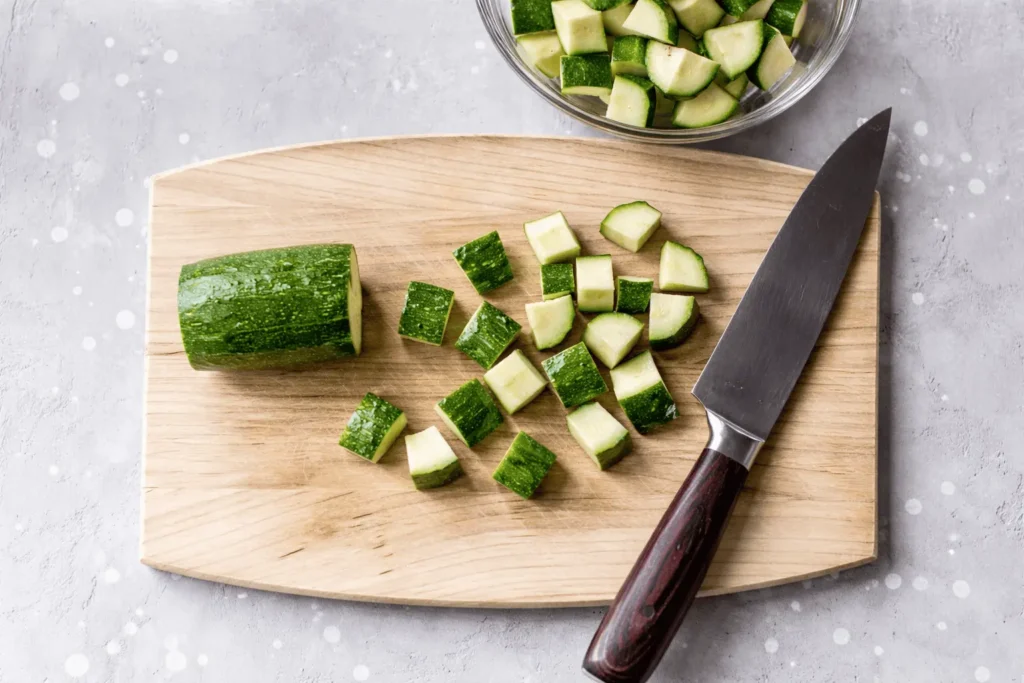 Gehackte Zucchini auf einem Holzbrett mit Messer, bereit für die Zubereitung im Airfryer