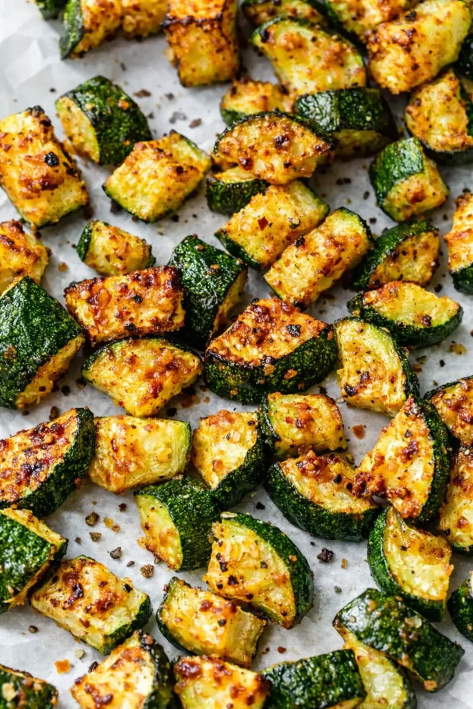 Knusprige, goldbraun geröstete Zucchiniwürfel und -hälften auf Backpapier, perfekt gewürzt für den Airfryer
