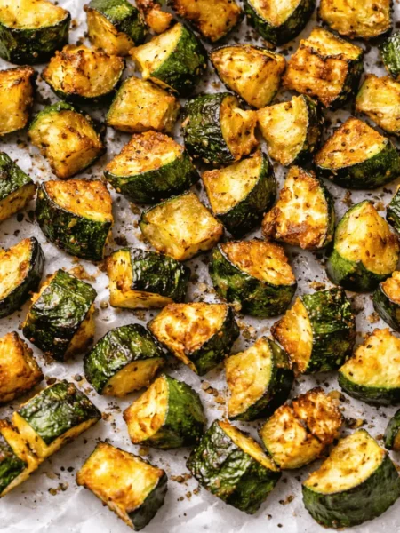 Knusprig gebratene Zucchini im Airfryer, goldbraun mit Gewürzen, auf Backpapier angerichtet