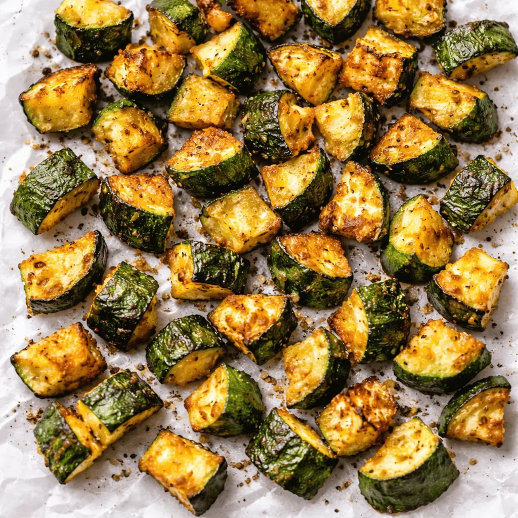 Knusprig gebratene Zucchini im Airfryer, goldbraun mit Gewürzen, auf Backpapier angerichtet
