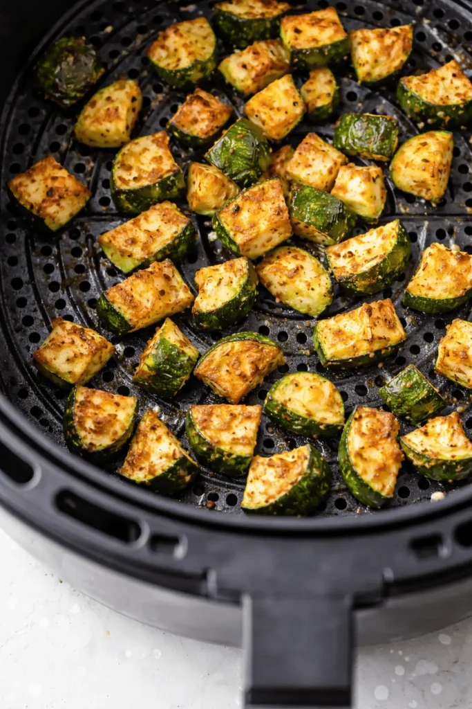 Goldbraun geröstete Zucchiniwürfel im Airfryer-Korb, leicht gewürzt, aus der Vogelperspektive fotografiert