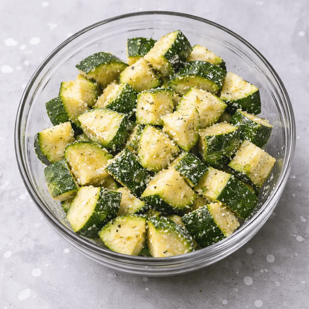 Frisch geschnittene Zucchiniwürfel in einer Glasschüssel, gewürzt mit Parmesan und Kräutern, bereit für die Zubereitung im Airfryer