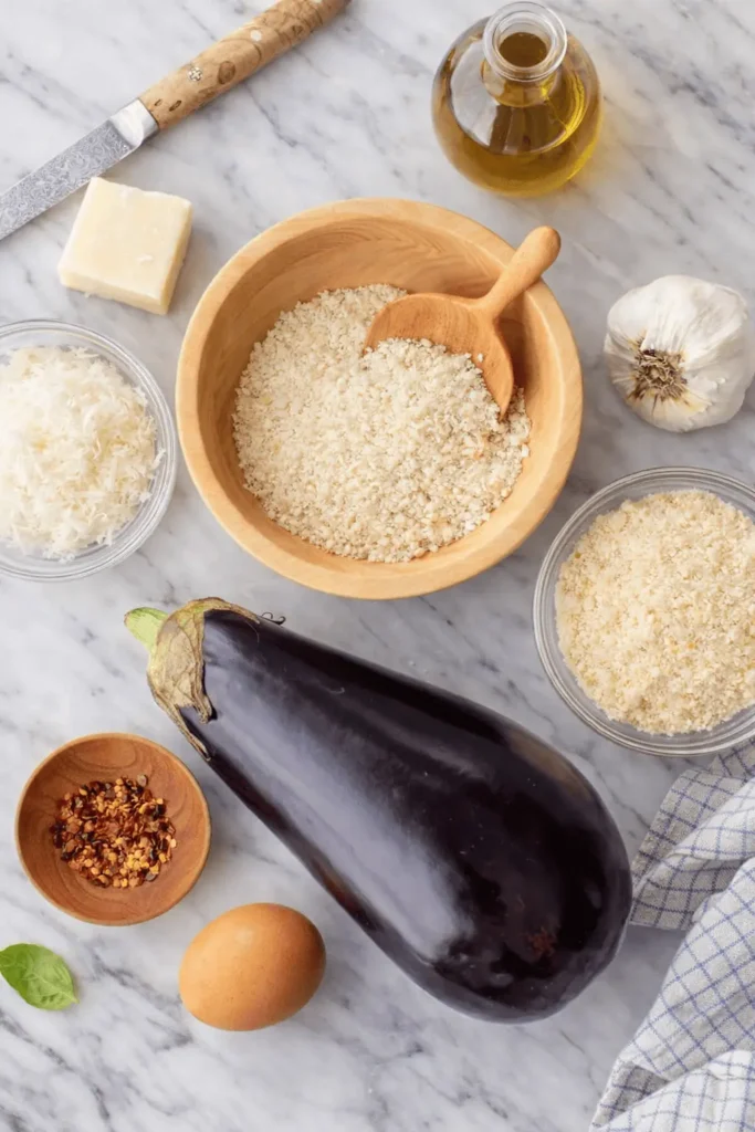 Zutaten für Auberginen Airfryer Rezept mit Aubergine, Ei, Parmesan, Paniermehl, Knoblauch und Olivenöl.