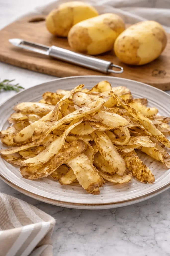 Frische rohe Airfryer Kartoffelschalen auf einem Teller mit geschälten Kartoffeln und Sparschäler im Hintergrund