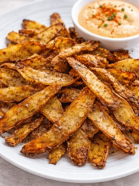 Knusprige Airfryer Kartoffelschalen mit Gewürzen und cremigem Dip auf einem weißen Teller